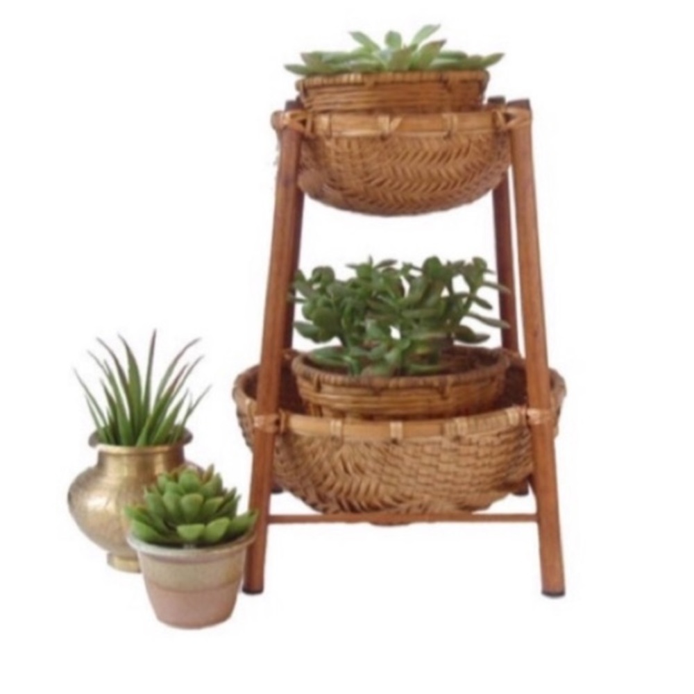 Vintage Two Tier Boho Wicker Plant Stand Storage Basket Decor